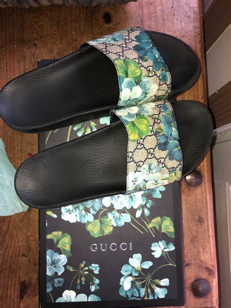 blue gucci flower slides|women's gucci slides blue flowers.